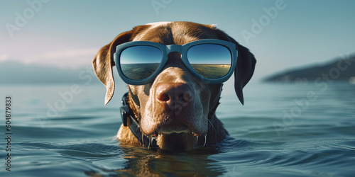 dog ​​in sunglasses at sea, summer vacation concept, panoramic image. Generative Ai