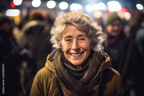 Environmental portrait photography of a grinning mature woman wearing a warm parka against a lively concert venue background. With generative AI technology