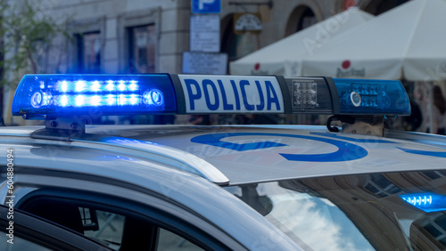 Police car light signals in the city