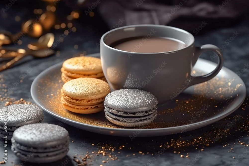 Tasty macaroons on a stone table with golden glitter. Super photo realistic background, generative ai illustration Tasty macaroons on a stone table with golden glitter. Super photo realistic background, generative ai illustration