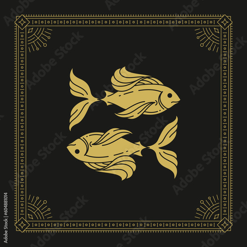 Pisces zodiac astrology horoscope future prediction mythology line art deco vintage card vector