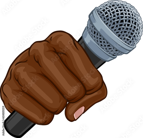A fist hand holding a microphone in a comic book pop art cartoon illustration style