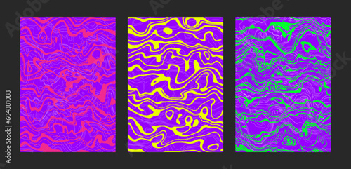 Psychedelic wavy posters set. Trippy groovy abstract backgrounds on bright neon colors. Fluid marble stone texture. Cool funky patterns. Modern vertical design. Vector illustration