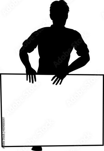 Protestor or demonstrator at a demonstration march, picket line or strike protest rally in silhouette. Holding up a banner or picket sign board placard.