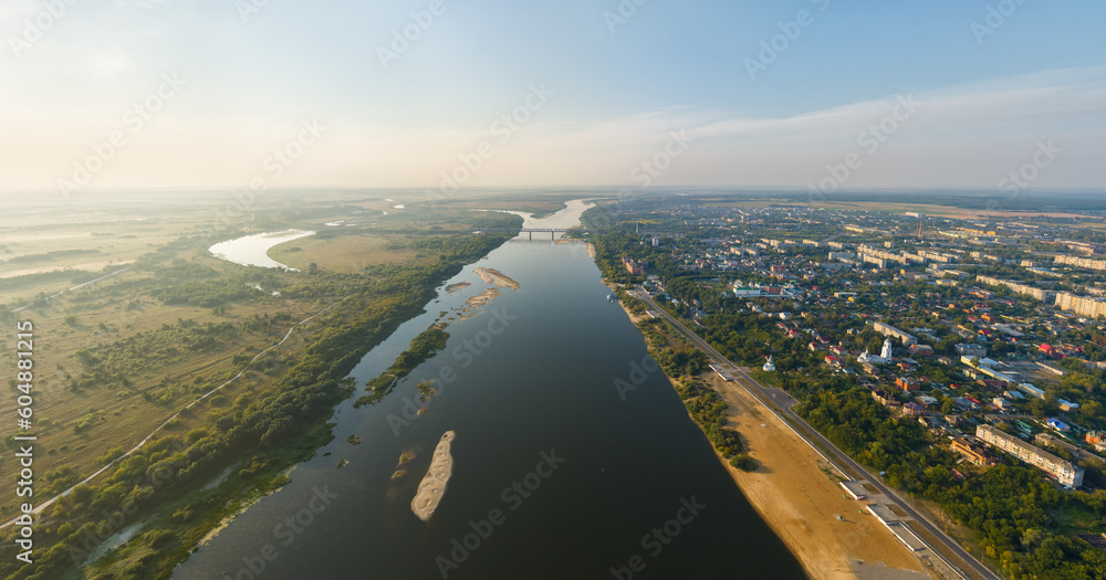 Murom, Russia. The historical center of the city and the river Oka. Morning fog. Summer. Aerial view