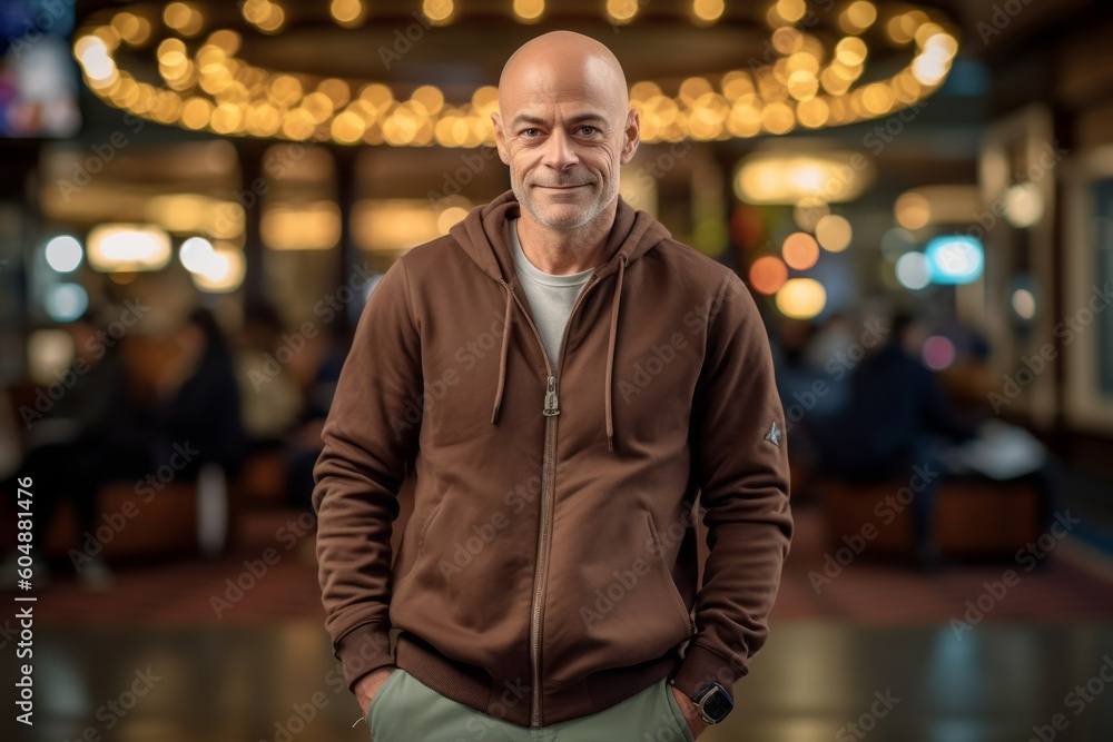 Fototapeta premium Lifestyle portrait photography of a glad mature man wearing soft sweatpants against a bustling casino background. With generative AI technology