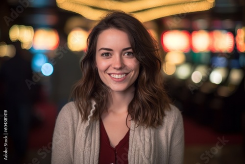 Medium shot portrait photography of a grinning girl in her 30s wearing a chic cardigan against a bustling casino background. With generative AI technology