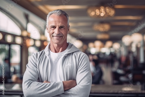 Lifestyle portrait photography of a glad mature man wearing soft sweatpants against a bustling casino background. With generative AI technology