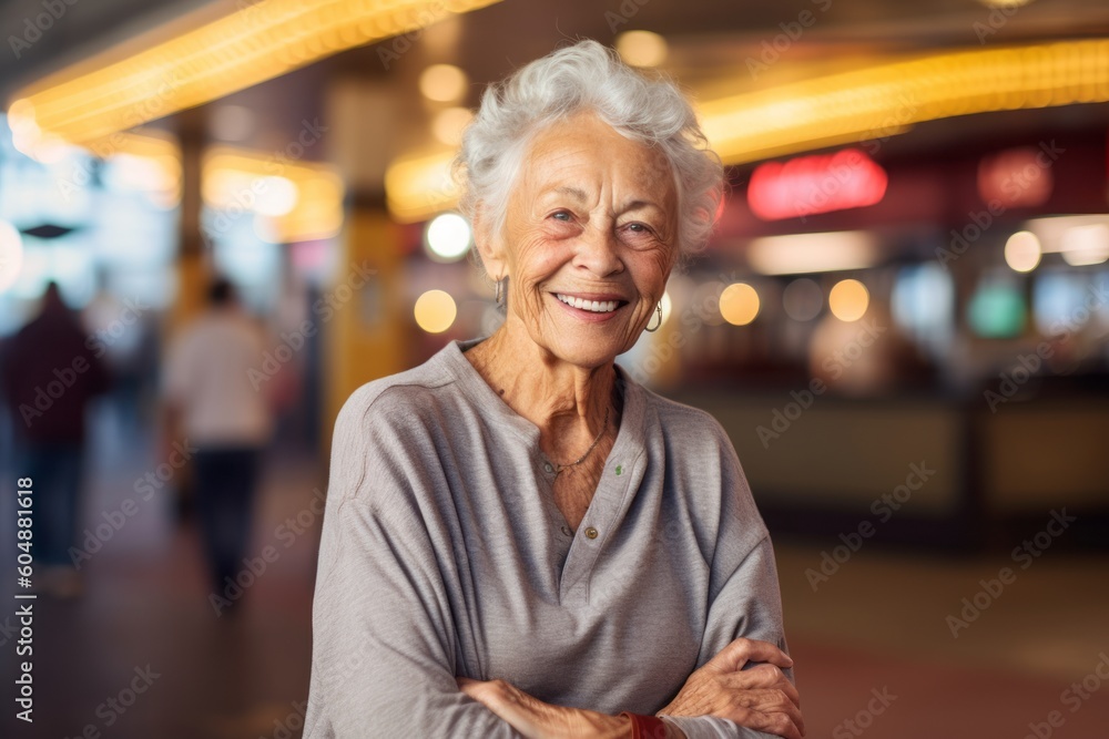 Lifestyle portrait photography of a happy old woman wearing soft sweatpants against a bustling casino background. With generative AI technology Lifestyle portrait photography of a happy old woman wearing soft sweatpants against a bustling casino background. With generative AI technology