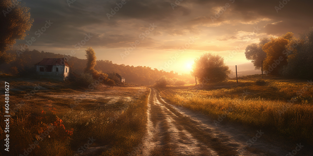 Rural landscape at sunset, calm relaxation concept, panoramic image. Generative Ai