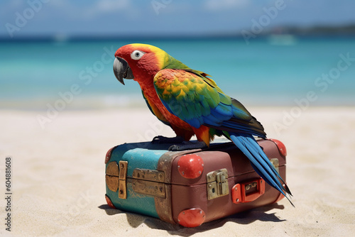 colorful parrot on suitcase, vacation concept. Generative Ai
