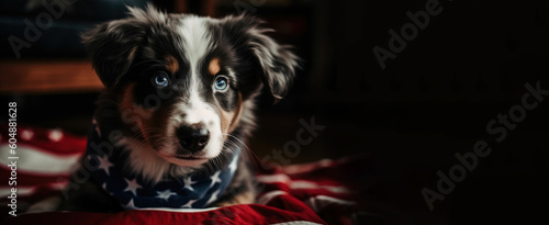 dog and American flag, USA independence day concept, panoramic layout. Generative Ai