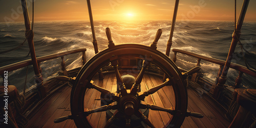 ship steering wheel, helm at sunset, panoramic image. Generative Ai