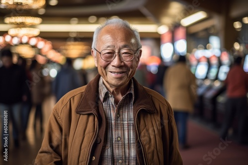 Lifestyle portrait photography of a satisfied old man wearing a denim jacket against a bustling casino background. With generative AI technology