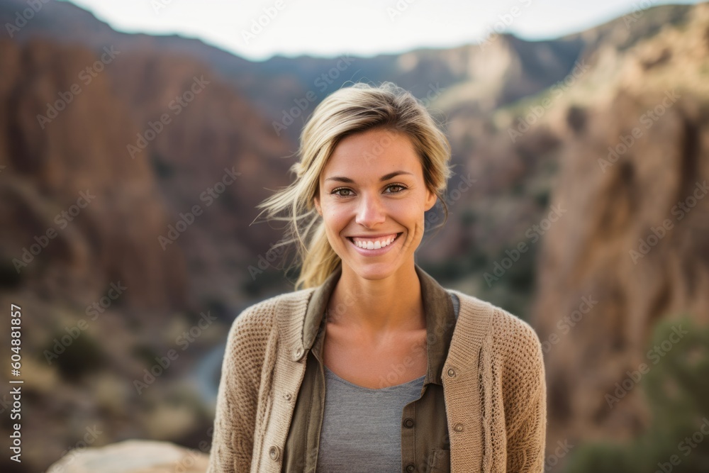 Lifestyle portrait photography of a grinning girl in her 30s wearing a chic cardigan against a scenic canyon background. With generative AI technology Lifestyle portrait photography of a grinning girl in her 30s wearing a chic cardigan against a scenic canyon background. With generative AI technology