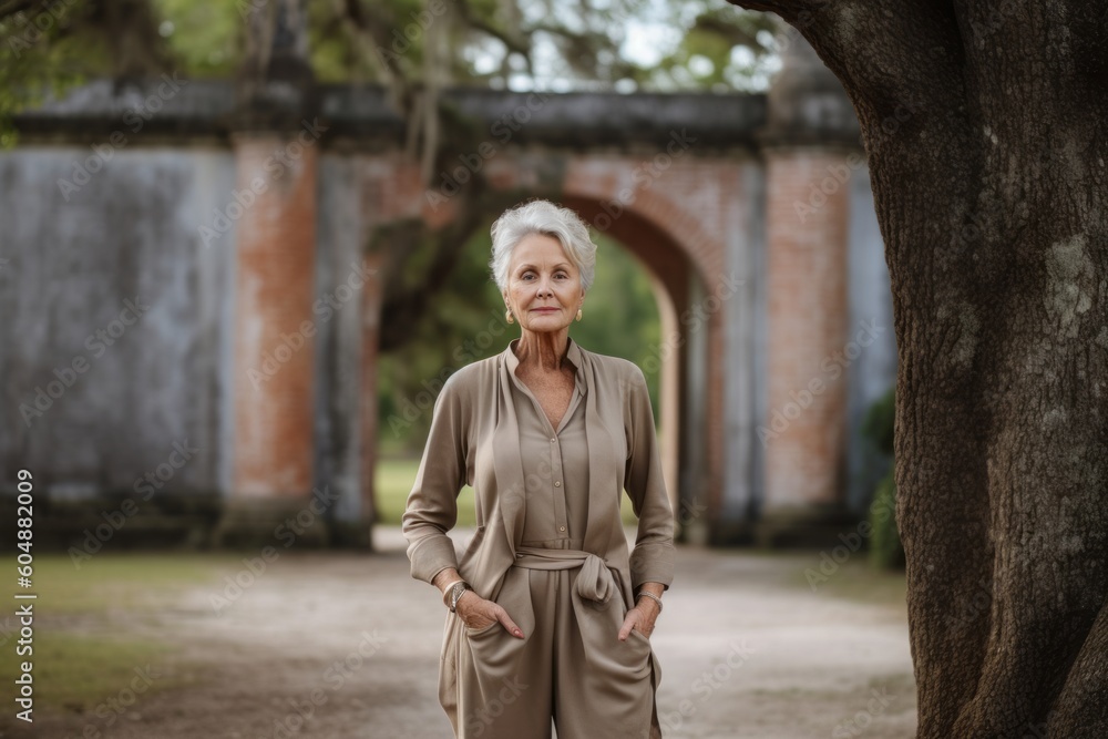 Lifestyle portrait photography of a glad old woman wearing a chic jumpsuit against a historic plantation background. With generative AI technology