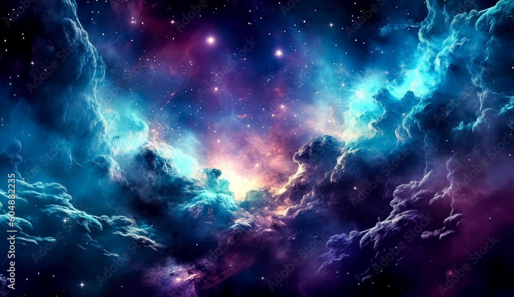 Fototapeta premium Nebula stardust wallpaper, blue, purple and magenta galaxy. Generative Ai Illustration.