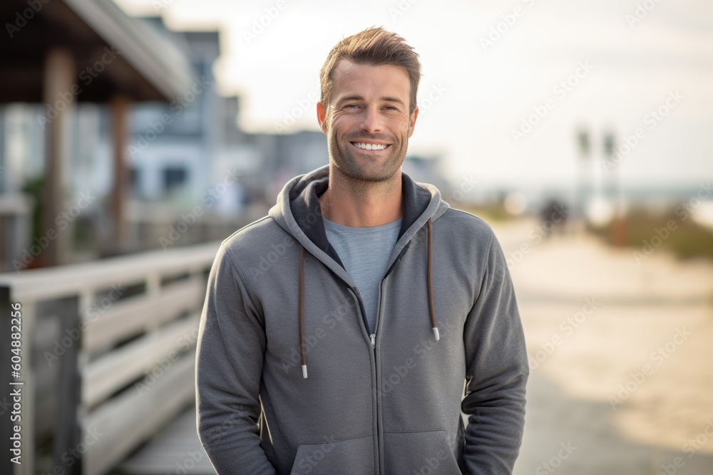 Environmental portrait photography of a satisfied boy in his 30s wearing a cozy zip-up hoodie against a picturesque beach boardwalk background. With generative AI technology Environmental portrait photography of a satisfied boy in his 30s wearing a cozy zip-up hoodie against a picturesque beach boardwalk background. With generative AI technology