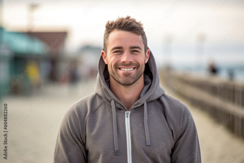 Environmental portrait photography of a satisfied boy in his 30s wearing a cozy zip-up hoodie against a picturesque beach boardwalk background. With generative AI technology Environmental portrait photography of a satisfied boy in his 30s wearing a cozy zip-up hoodie against a picturesque beach boardwalk background. With generative AI technology