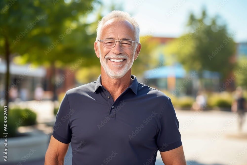 Lifestyle portrait photography of a happy mature man wearing a sporty polo shirt against a vibrant city park background. With generative AI technology Lifestyle portrait photography of a happy mature man wearing a sporty polo shirt against a vibrant city park background. With generative AI technology