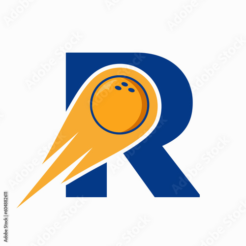 Letter R Bowling Logo. Bowling Ball Symbol With Red Moving Ball Icon