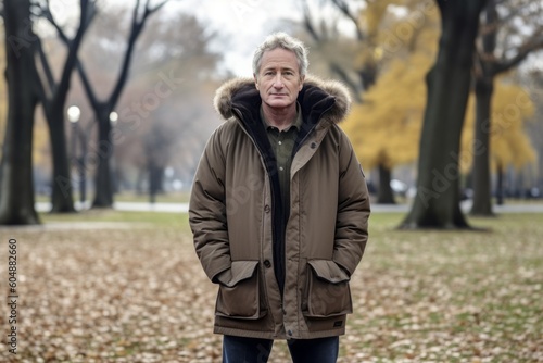 Full-length portrait photography of a tender mature man wearing a warm parka against a vibrant city park background. With generative AI technology © Markus Schröder