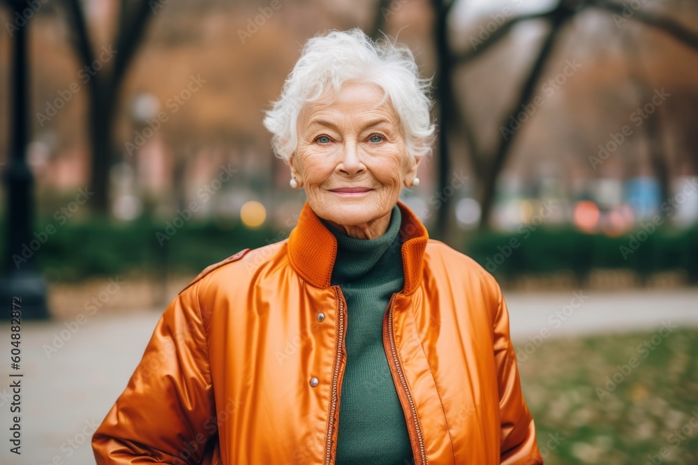Medium shot portrait photography of a glad old woman wearing a sleek bomber jacket against a vibrant city park background. With generative AI technology Medium shot portrait photography of a glad old woman wearing a sleek bomber jacket against a vibrant city park background. With generative AI technology