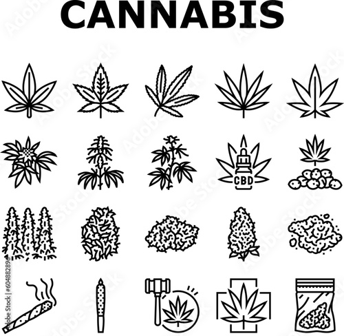 cannabis plant leaf weed hemp icons set vector. marijuana drug, medical, medicine natural, nature herb, smoke health, organic green cannabis plant leaf weed hemp black contour illustrations