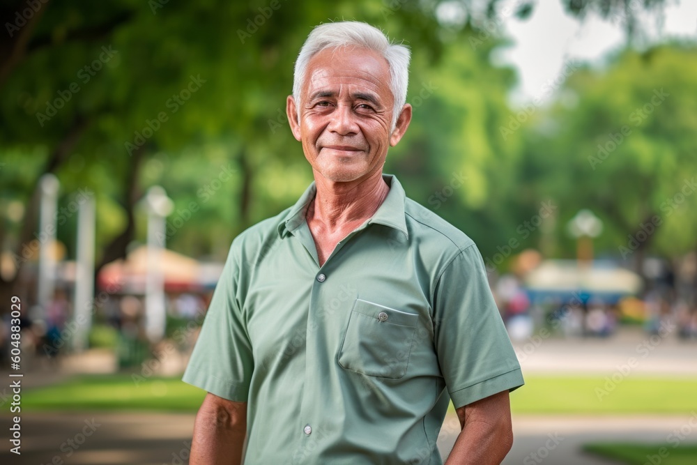 Medium shot portrait photography of a glad old man wearing a sporty polo shirt against a vibrant city park background. With generative AI technology Medium shot portrait photography of a glad old man wearing a sporty polo shirt against a vibrant city park background. With generative AI technology
