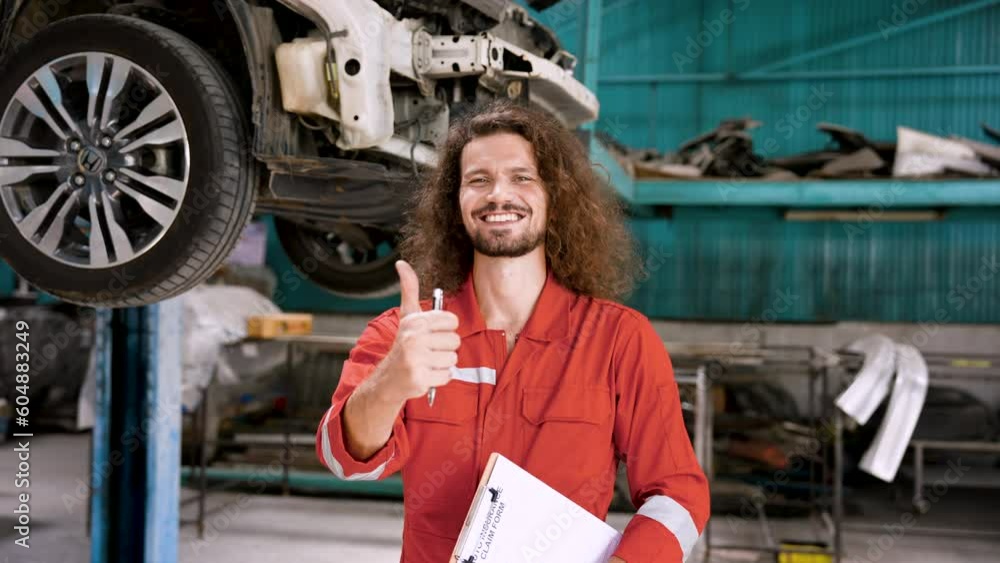 Caucasian man in mechanic suit Standing in the garage, thumbs up, showing confidence in repairing cars for customers to meet the quality standards of the garage. to make customers satisfied Caucasian man in mechanic suit Standing in the garage, thumbs up, showing confidence in repairing cars for customers to meet the quality standards of the garage. to make customers satisfied