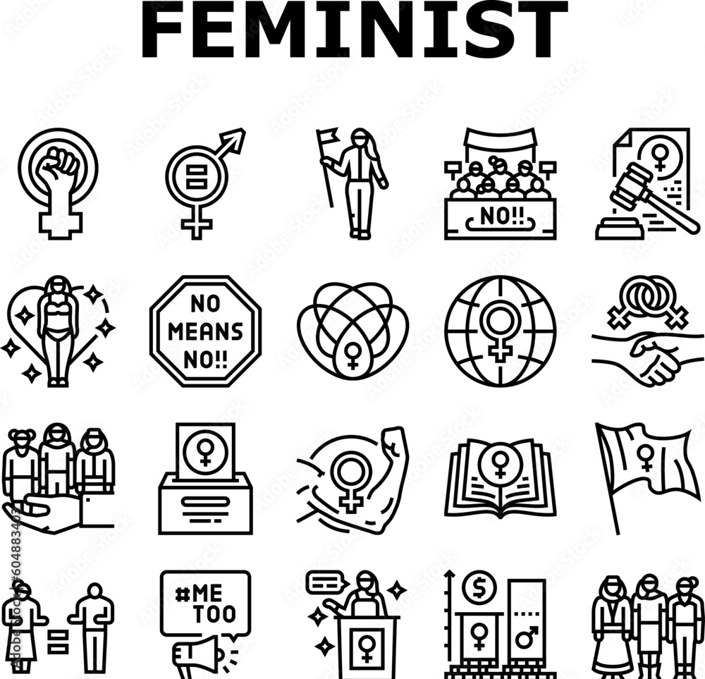 girl feminism female woman power icons set vector. feminist movement, protest equality, gender freedom, women fight, rights fist hand girl feminism female woman power black contour illustrations