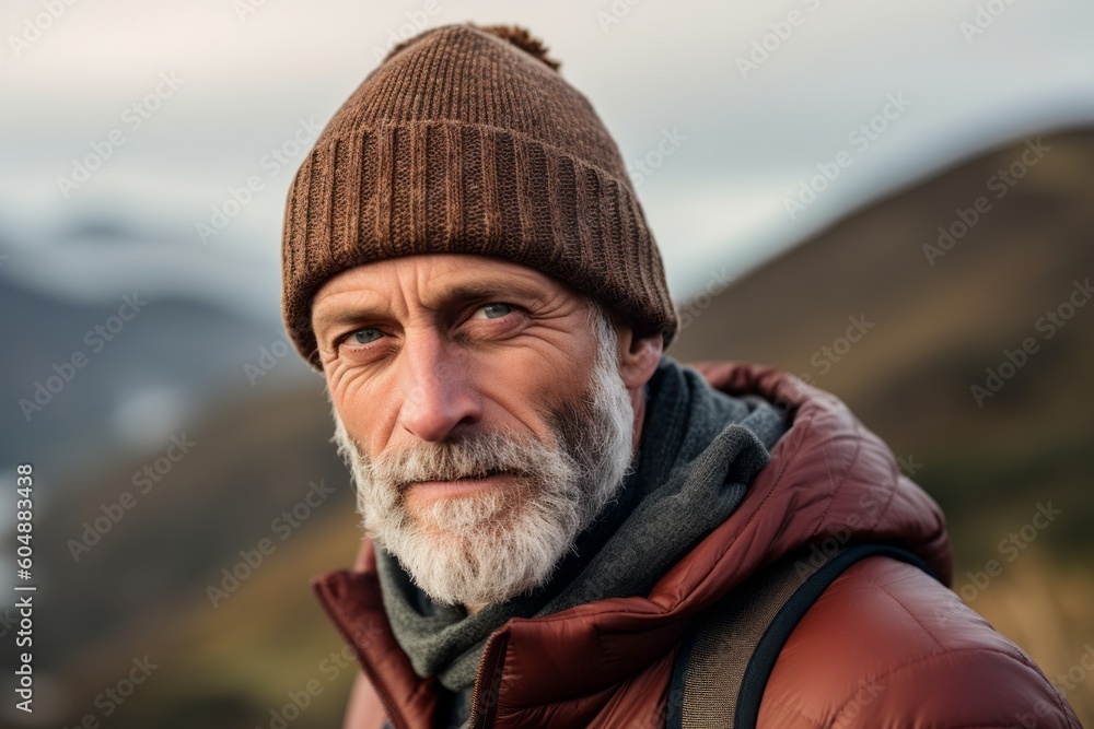 Conceptual portrait photography of a glad mature man wearing a warm beanie or knit hat against a scenic mountain overlook background. With generative AI technology
