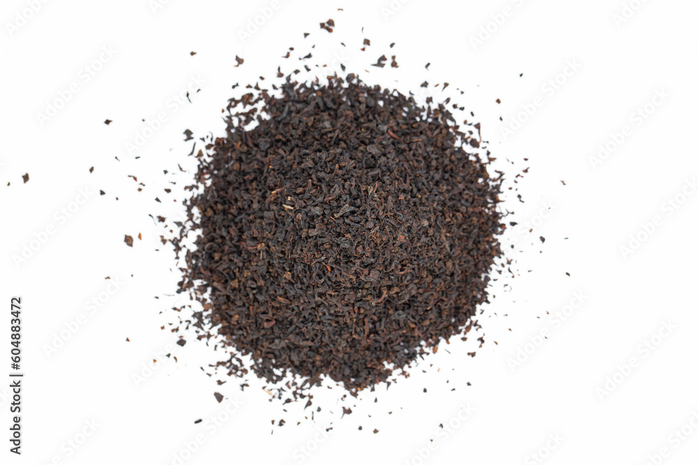 Dry black tea leaves isolated on white background. Black Ceylon tea. Dry black tea leaves isolated on white background. Black Ceylon tea.