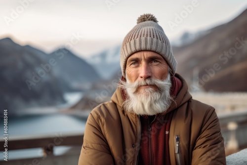 Conceptual portrait photography of a glad mature man wearing a warm beanie or knit hat against a scenic mountain overlook background. With generative AI technology