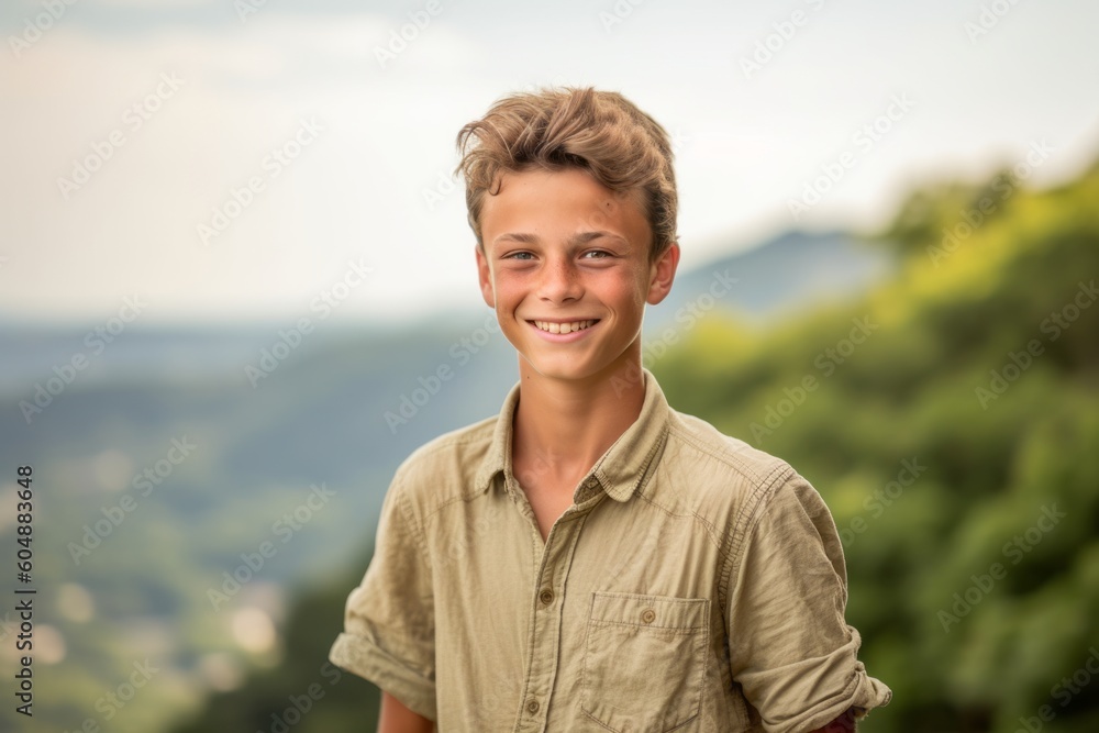 Medium shot portrait photography of a grinning mature boy wearing a casual short-sleeve shirt against a scenic mountain overlook background. With generative AI technology Medium shot portrait photography of a grinning mature boy wearing a casual short-sleeve shirt against a scenic mountain overlook background. With generative AI technology