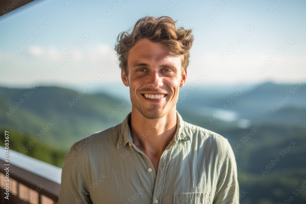 Medium shot portrait photography of a grinning mature boy wearing a casual short-sleeve shirt against a scenic mountain overlook background. With generative AI technology Medium shot portrait photography of a grinning mature boy wearing a casual short-sleeve shirt against a scenic mountain overlook background. With generative AI technology
