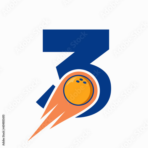 Letter 3 Bowling Logo. Bowling Ball Symbol With Red Moving Ball Icon