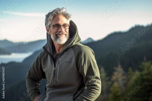 Environmental portrait photography of a satisfied mature man wearing a comfortable hoodie against a scenic mountain overlook background. With generative AI technology