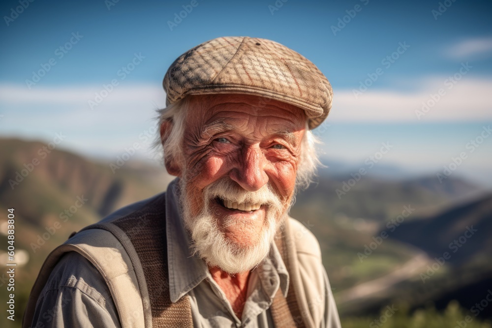Environmental portrait photography of a happy old man wearing a cool cap or hat against a scenic mountain overlook background. With generative AI technology