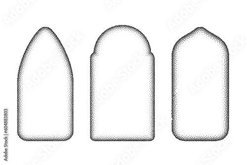 Gothic church window frames. Vector arches stippled shapes. Silhouettes of simple medieval doors on white background.