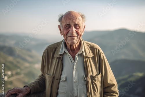Medium shot portrait photography of a satisfied old man wearing an elegant long-sleeve shirt against a scenic mountain overlook background. With generative AI technology