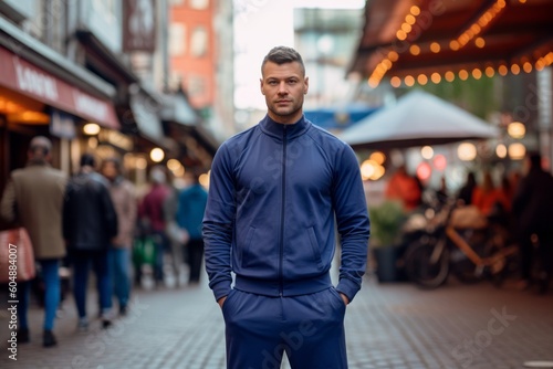 Full-length portrait photography of a glad boy in his 30s wearing a comfortable tracksuit against a bustling cafe background. With generative AI technology