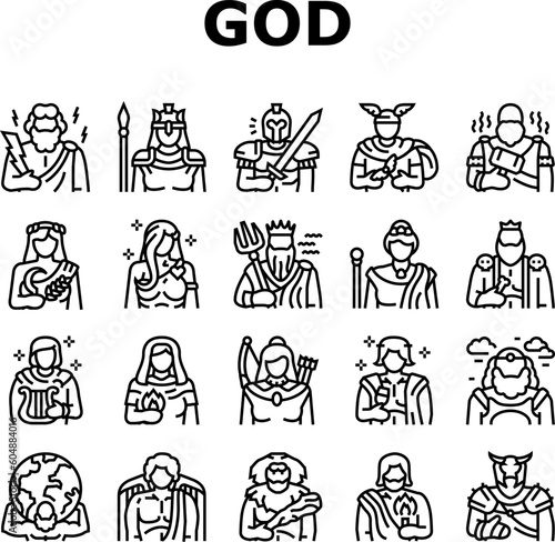 greek god mythology ancient icons set vector. goddess art, antique poseidon, gods zeus, greece dionysus, aphrodite athena, apollo greek god mythology ancient black contour illustrations