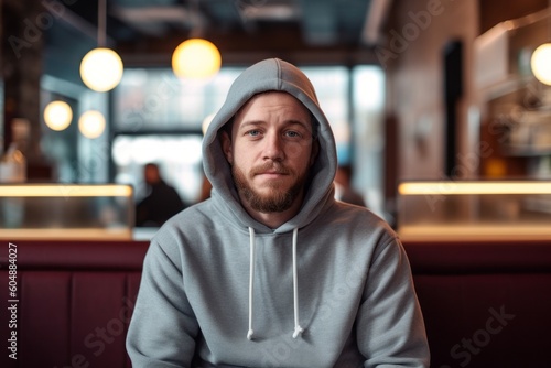 Environmental portrait photography of a glad boy in his 30s wearing a comfortable hoodie against a bustling cafe background. With generative AI technology