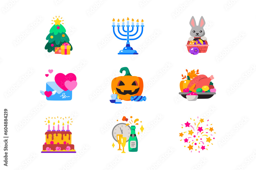 Holidays and celebration icon set. Holidays and celebration icon set.