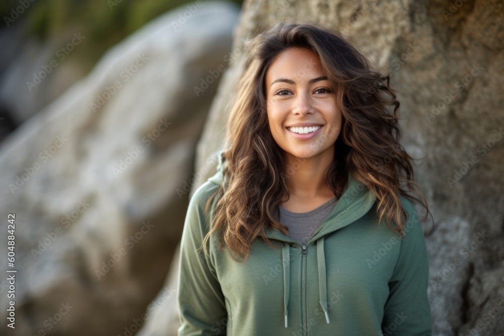 Lifestyle portrait photography of a joyful girl in her 30s wearing a comfortable hoodie against a serene rock garden background. With generative AI technology Lifestyle portrait photography of a joyful girl in her 30s wearing a comfortable hoodie against a serene rock garden background. With generative AI technology
