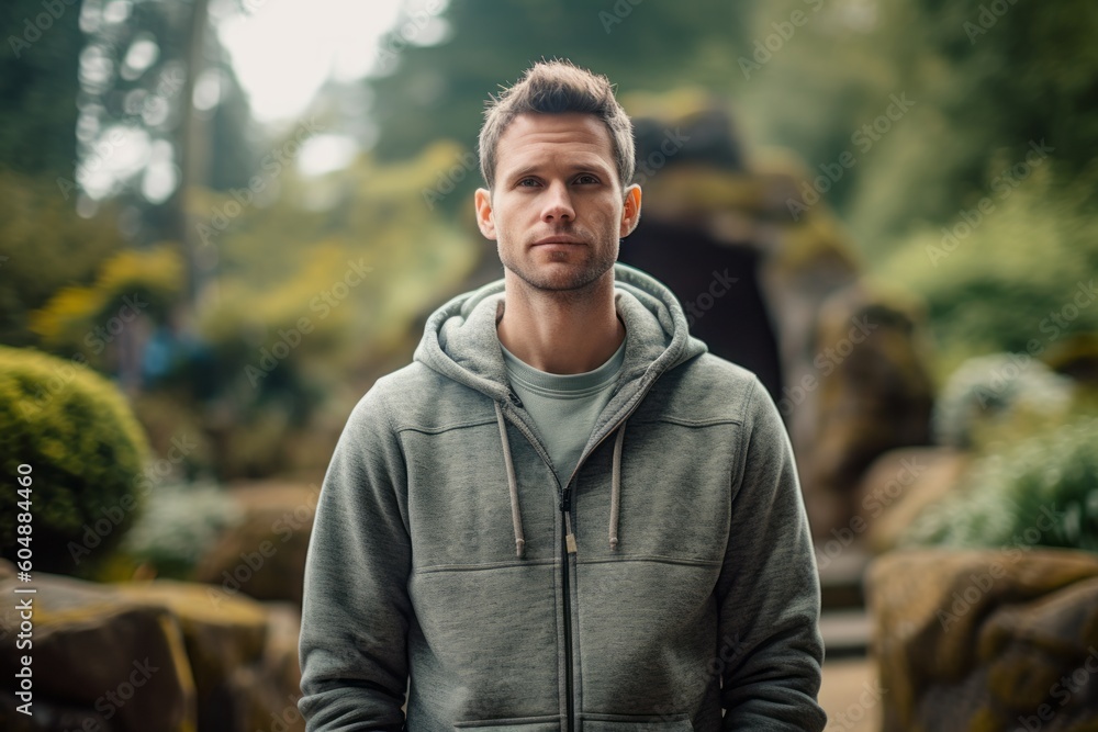 Medium shot portrait photography of a glad boy in his 30s wearing a cozy zip-up hoodie against a serene rock garden background. With generative AI technology Medium shot portrait photography of a glad boy in his 30s wearing a cozy zip-up hoodie against a serene rock garden background. With generative AI technology
