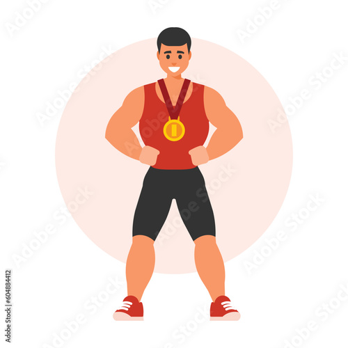 Athletic man with a gold medal. Vector illustration in flat style
