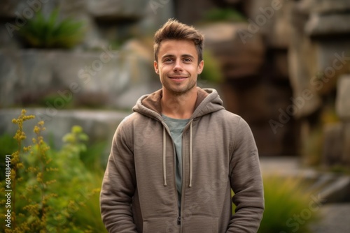 Medium shot portrait photography of a glad boy in his 30s wearing a cozy zip-up hoodie against a serene rock garden background. With generative AI technology