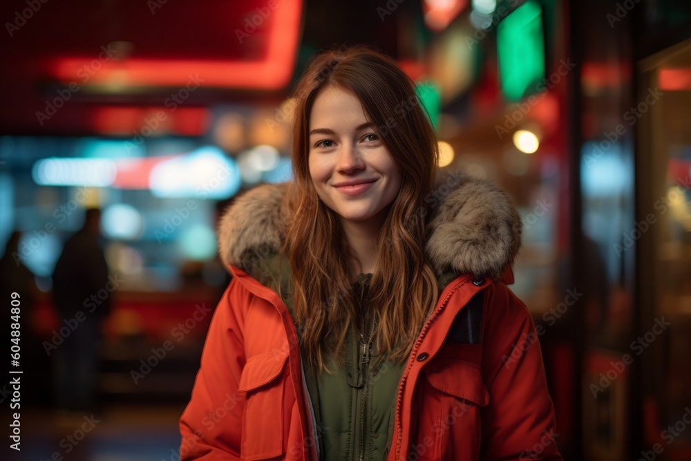 Photography in the style of pensive portraiture of a joyful girl in her 30s wearing a durable parka against a lively comedy club background. With generative AI technology